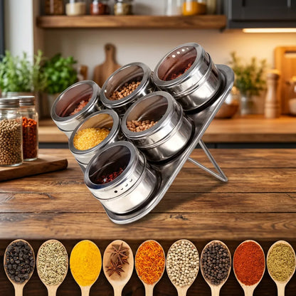 Porta Temperos e Condimentos em Inox - 6 Potes Magnéticos