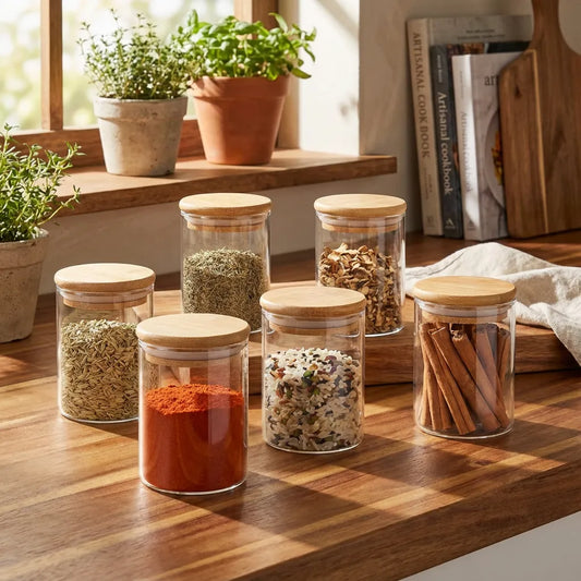 Kit 6 Pote Hermético de Vidro com Tampa de Bambu para Temperos
